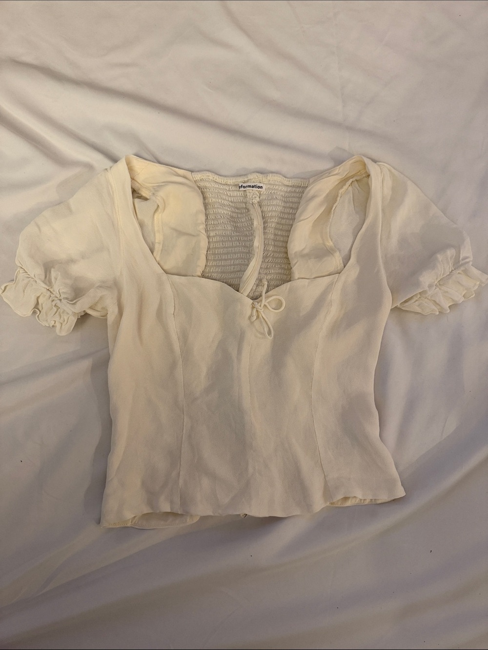 Reformation Cream Tie-Front Puff Sleeve Crop Top